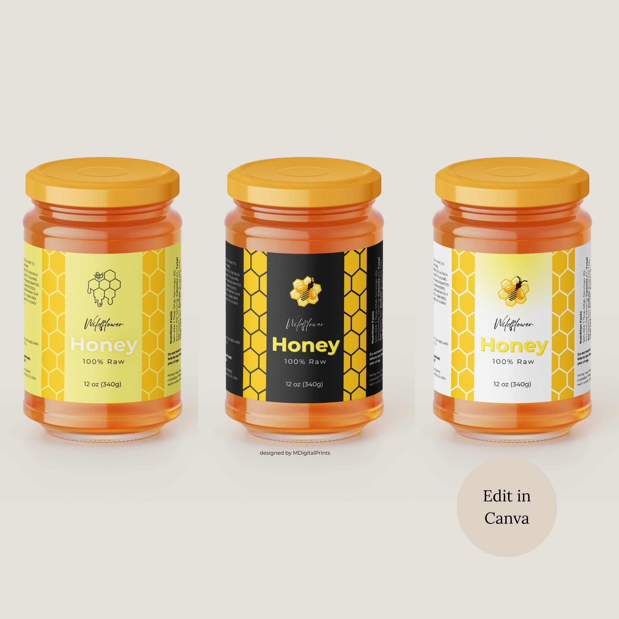 Honey Labels for Jars Canva Template, Editable Honey Jar Labels, Honey Bee Labels, Honeycomb Food Label, Customizable Label for Honey Jar