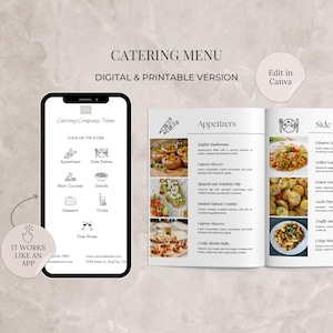 Szablon menu cateringowego Canva Edytowalne cyfrowe menu cateringowe Szablon firmy cateringowej Menu dla firm cateringowych Menu weselne Szablon usług cateringowych