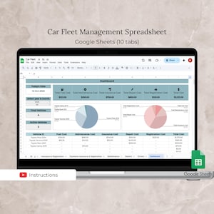 May include: A laptop displays a Google Sheets spreadsheet for car fleet management. The spreadsheet shows data visualizations, including pie charts, and financial information such as fuel, maintenance, and insurance costs. The text "Car Fleet Management Spreadsheet" is at the top.