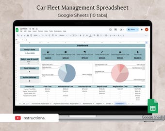 Fleet Management Spreadsheet, Car Maintenance Google Sheet, Vehicle Service Log Spreadsheet Template, Mileage and Cost Tracker