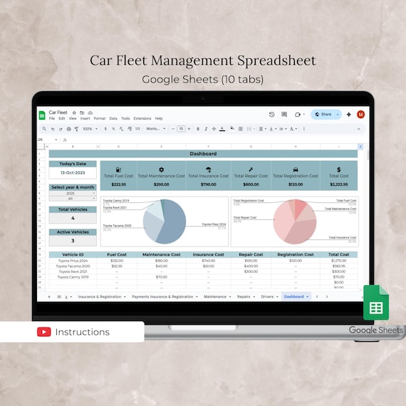Fleet Management Spreadsheet, Car Maintenance Google Sheet, Vehicle Service Log Spreadsheet Template, Mileage and Cost Tracker