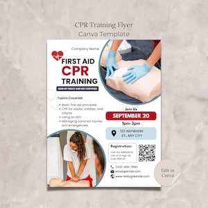 Modelo de folheto de RCP Canva, folheto de treinamento de primeiros socorros, pôster de treinamento de RCP, modelo de folheto de aula de RCP editável, folheto de certificação de RCP