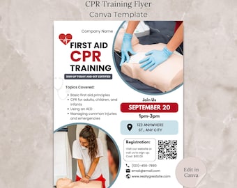 CPR Flyer Template Canva, First Aid Training Flyer, CPR Training Poster, Editable CPR Class Flyer Template, Cpr Certification Flyer