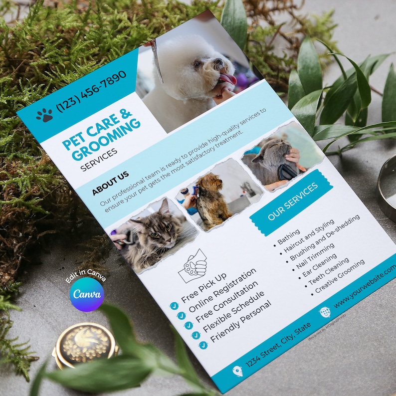 Pet Grooming Services Flyer Canva Template, Pet Care Business Editable