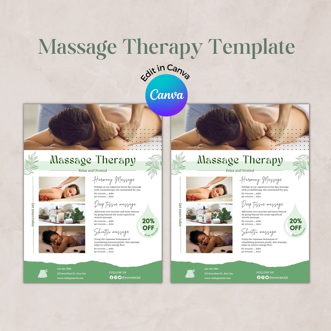 Massage Therapist Flyer Canva Templates Massagist Business Etsy