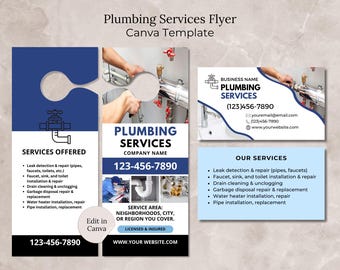 Plumbing Service Flyer Canva, Plumbing Business Card Editable Plumbing Business Door Hanger Template Plumbing  Company Flyer and Card Bundle