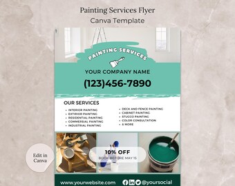 May include: A flyer advertising painting services. The flyer is green and white with a paintbrush icon. It includes the text "Painting Services", "Your Company Name", and a phone number. The flyer also lists a variety of services offered, including interior and exterior painting, deck and fence painting, and more. There is a 10% off offer for bookings made before May 15th. The flyer also includes a website address and social media handles.