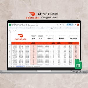 Puede incluir: Un portátil que muestra una hoja de cálculo de DoorDash Driver Tracker en Google Sheets. La pantalla muestra datos como horas trabajadas, pedidos entregados, millas recorridas y costo de gasolina. El logotipo de DoorDash es visible.
