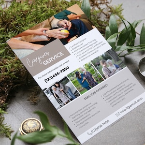 Modelo de folheto de serviço de cuidador Canva, modelo de cuidados para idosos, modelo de folheto editável para negócios de cuidados domiciliares, modelo de cuidados para idosos, cuidados para idosos