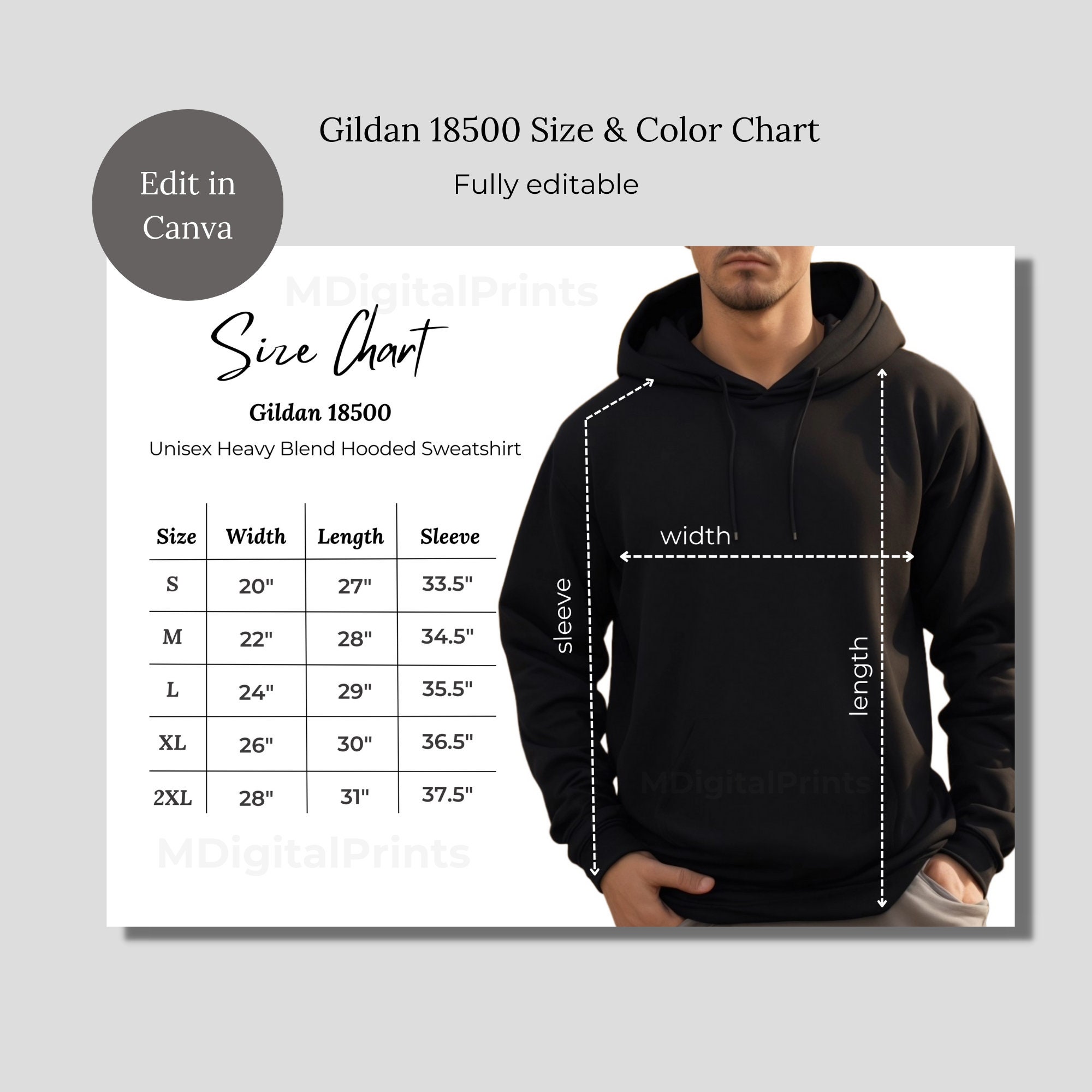 Editable Size Color Chart Canva Template, Man Hoodie Gildan 18500 Size