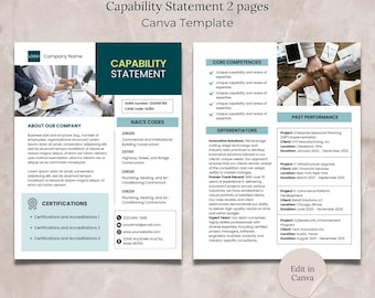 Capability Statement Canva Template Editable Capability Statement Document Government Contracting Business Document Template Construction