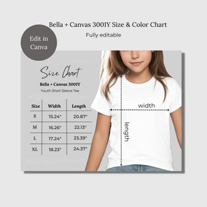 Plantilla Canva de tabla de tallas de camisa juvenil, paquete de tabla de tallas de color Bella Canvas 3001Y editable, tabla de tallas de camisetas para niños, tabla de tallas impresa