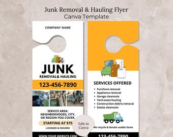 Junk Removal Service Flyer Canva, Editable Junk Removal Door Hanger Flyer, Junk Hauling Business Template, Trash Removal Company Flyer