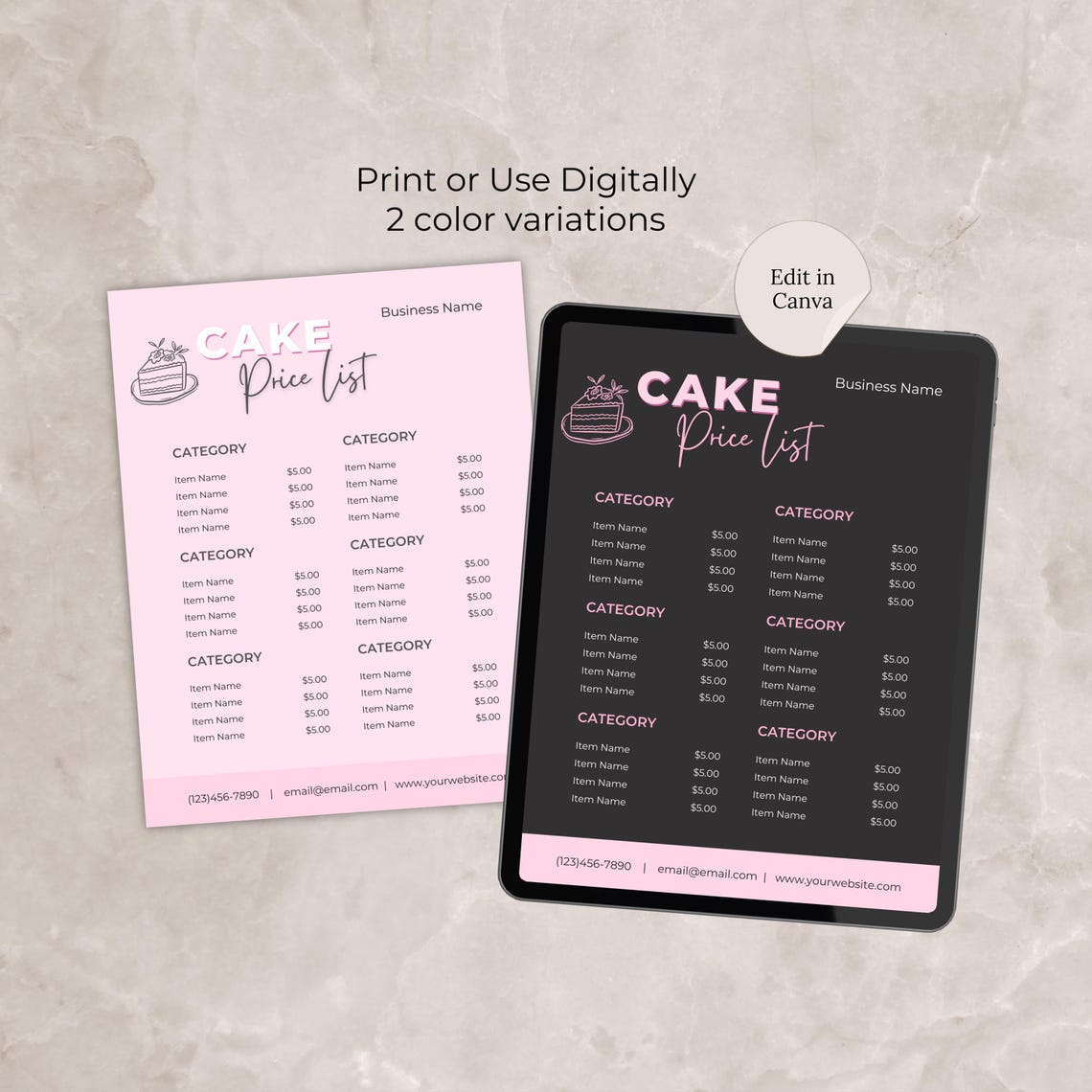 Cake Price List Template Canva Editable Bakery Price List Pink Cake ...