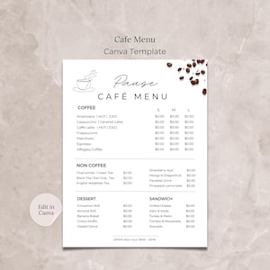 Plantilla de Canva para menú de cafetería, plantilla editable para menú de cafetería, plantilla para lista de precios de cafetería, menú de restaurante para negocios de cafetería