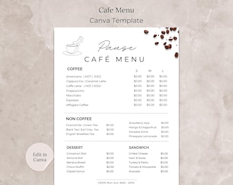 Cafe Menu Canva Template, Coffee Shop Menu Editable Template, Coffee Shop Price List Template, Restaurant Menu for Coffee Shop Business
