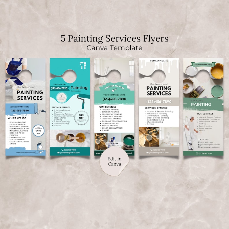 May include: Five door hangers with different designs for painting services. Each door hanger features a phone number, company name, and a list of services offered. The door hangers are green, blue, and white.