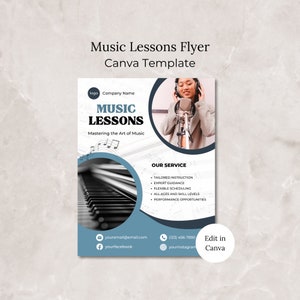 Sjabloon folder Canva muzieklessen, bewerkbare folder muziekleraar, folder spraaklessen, folder zanglessen, folder zanglessen