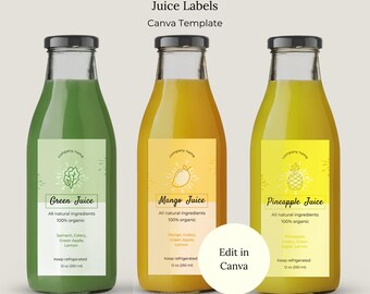 Editable Juice Bottle Labels Canva Template, Beverage Bottle Labels Template, Orange Juice Smoothie Labels, Drink Labels Customize Design