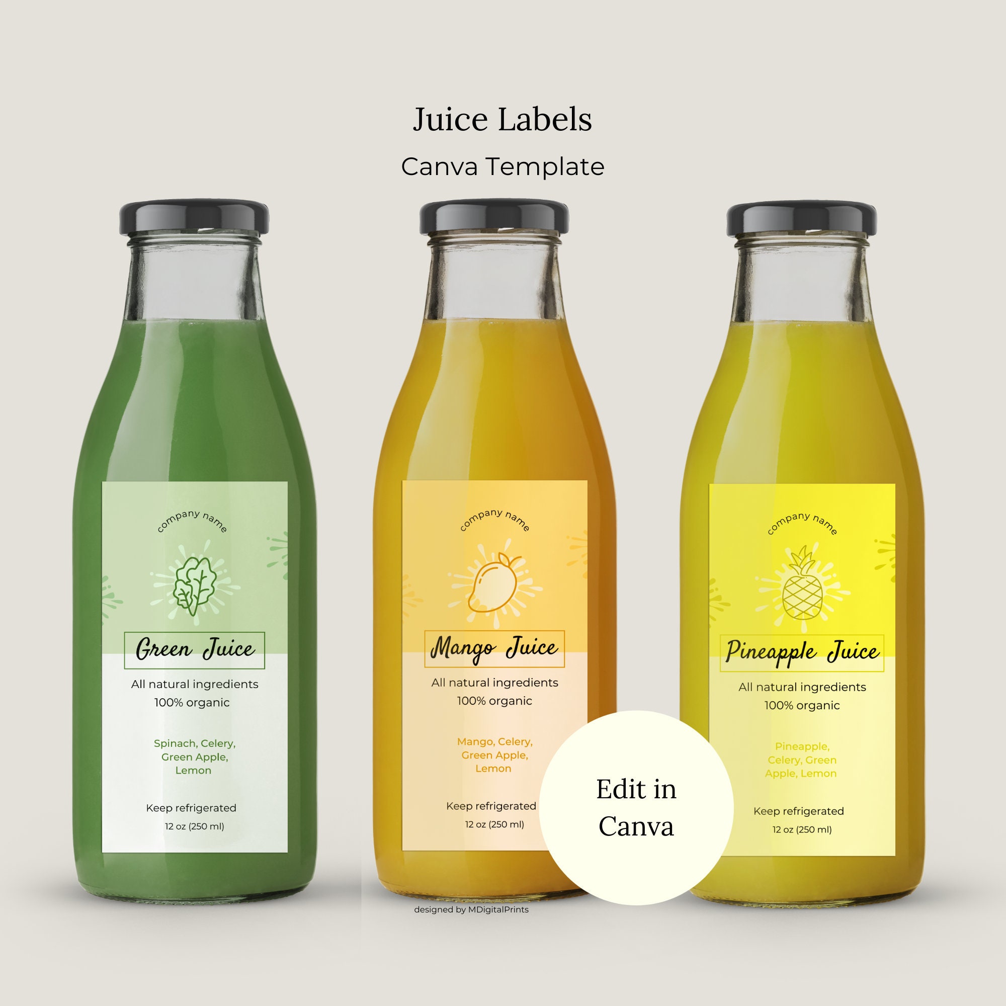 Editable Juice Bottle Labels Canva Template, Beverage Bottle Labels