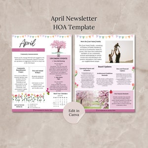 Plantilla Canva para boletín informativo de la asociación de propietarios de abril, paquete de páginas editables para boletines informativos de primavera, boletín comunitario, boletín informativo del vecindario escolar