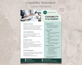 Capability Statement Canva Template Editable Capability Statement Document Government Contracting Business Document Template Construction