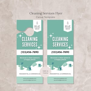 Cleaning Door Hanger Flyer Canva Template, Editable Cleaning Business Flyer Home Cleaning Service Template, Customizable Mint Green Flyer