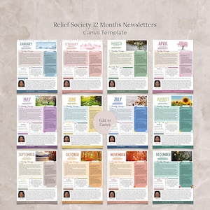 Plantilla de boletín de la Sociedad de Socorro en Canva, boletín de la Sociedad de Socorro editable de 12 meses, boletín de la Sociedad de Socorro de un año completo, boletín mensual SUD