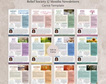 Relief Society Newsletter Template Canva, Editable 12 Months Relief Society Newsletter, Full Year RS Newsletter, Monthly LDS Newsletter