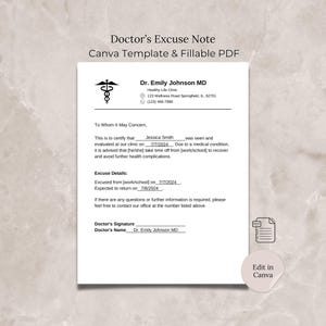 Plantilla de nota de excusa médica de Canva, excusa médica editable para el trabajo o la escuela, excusa por ausencia laboral, carta de ausencia de estudiante, certificado de enfermedad