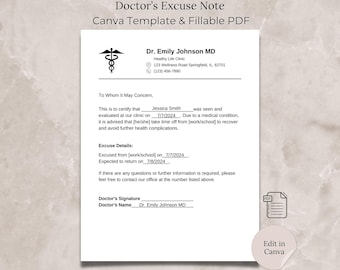 Doctors Excuse Note Template Canva, Editable Doctor Excuse for Work/School, Work Absence Excuse, Student Absence Letter, Sick Note