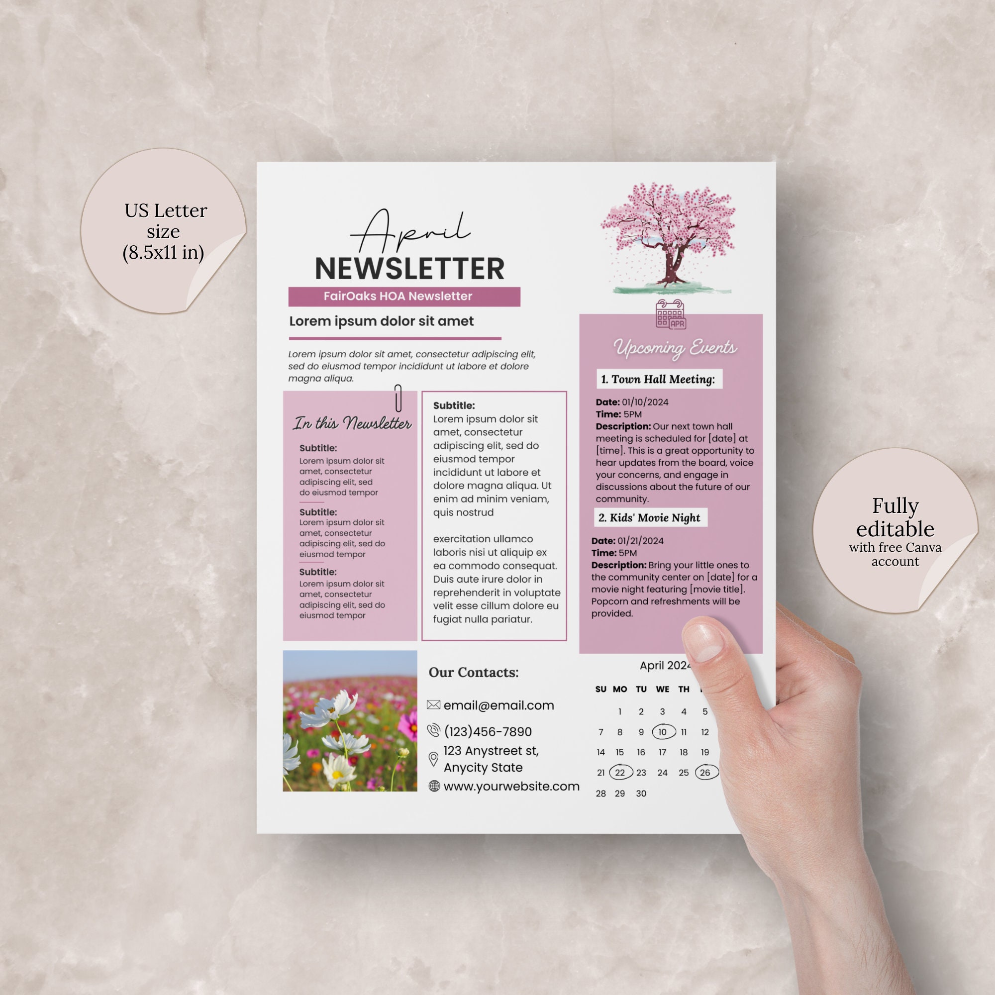 April HOA Newsletter Canva Template, Editable Spring Newsletter Pages ...
