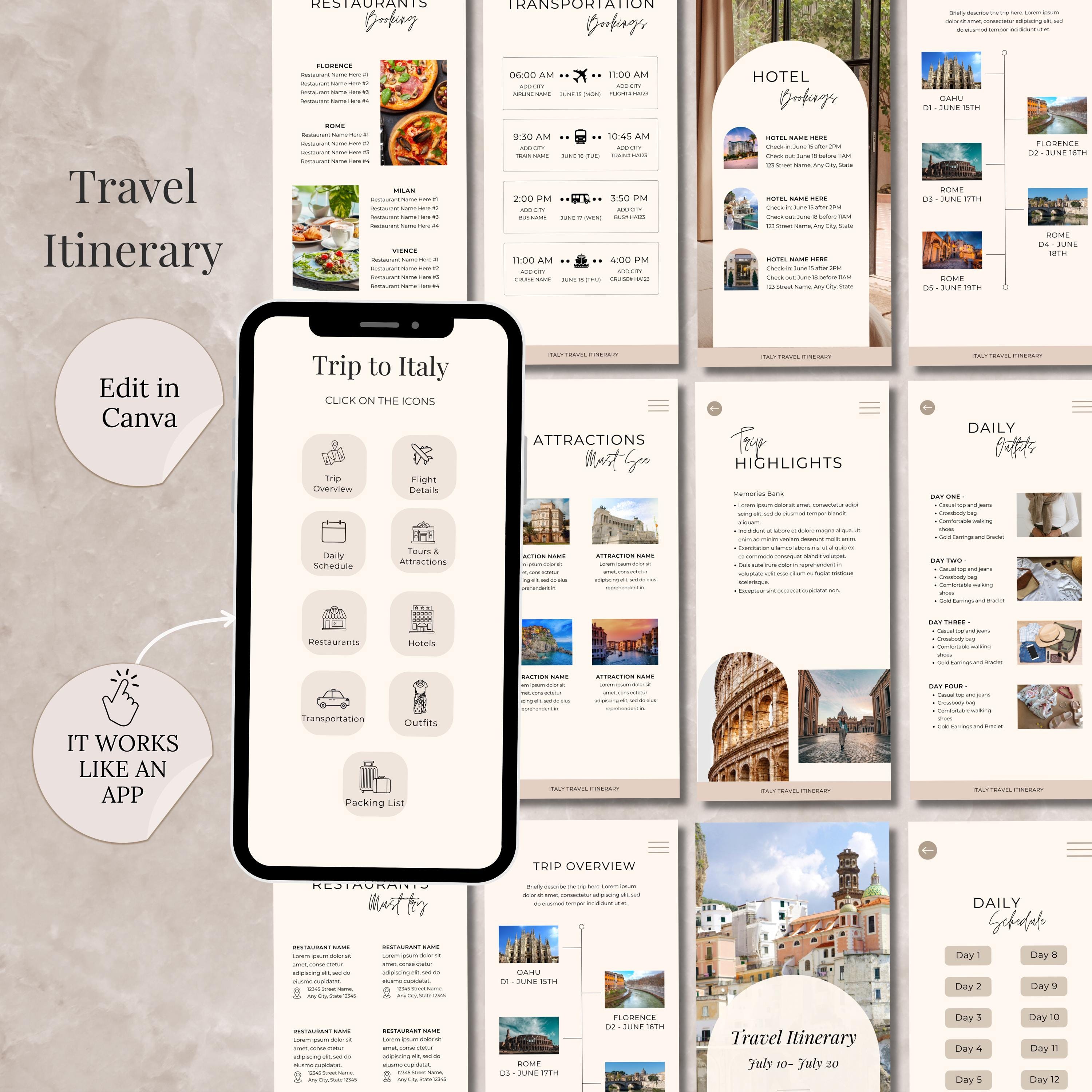 Travel Itinerary Canva Template Digital Mobile Travel Planner Editable ...