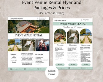 May include: A flyer for an event venue rental business. The flyer features a rustic wooden building with a green roof and a path leading to it. The flyer also includes information about the venue's capacity, packages, and prices. The text on the flyer reads "Event Venue Rental" and "Packages & Prices".