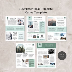 May include: A green and white newsletter email template featuring a cityscape backdrop. The template includes text boxes for adding titles, text, and images. The template also includes a call to action button that says "Edit in Canva".