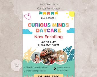 May include: A colorful flyer for Curious Minds Daycare, featuring a group of children playing. The flyer includes the daycare's name, address, phone number, and hours of operation. It also states that the daycare is now enrolling children ages 0-12.