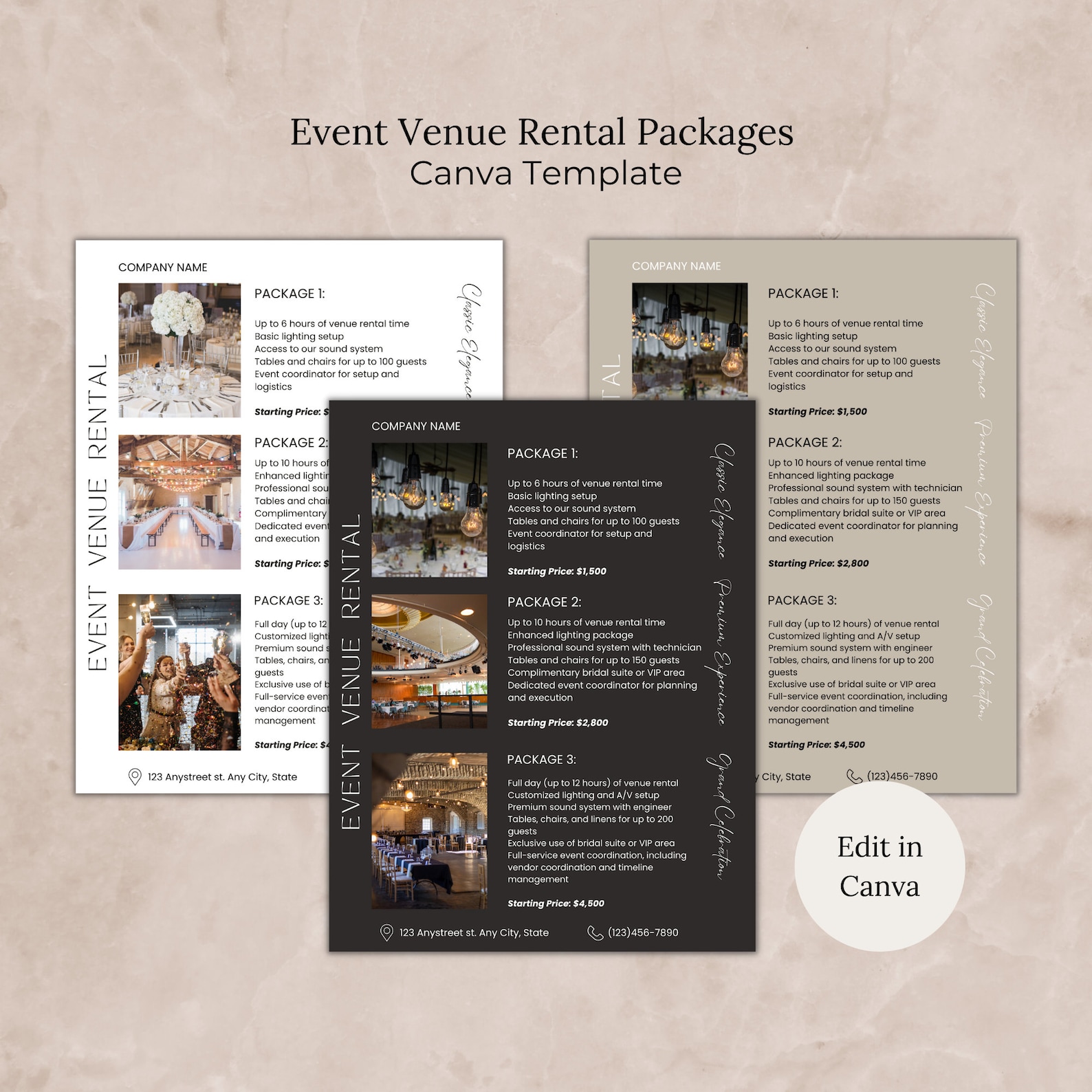 Event Venue Rental Packages Pricing Canva Template, Editable Wedding ...