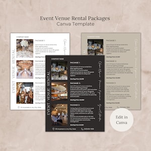 Pacotes de aluguel de local para eventos, preços de modelo Canva, lista de preços editável para aluguel de local para casamento, guia de preços para local de festa elegante, preços de aluguel
