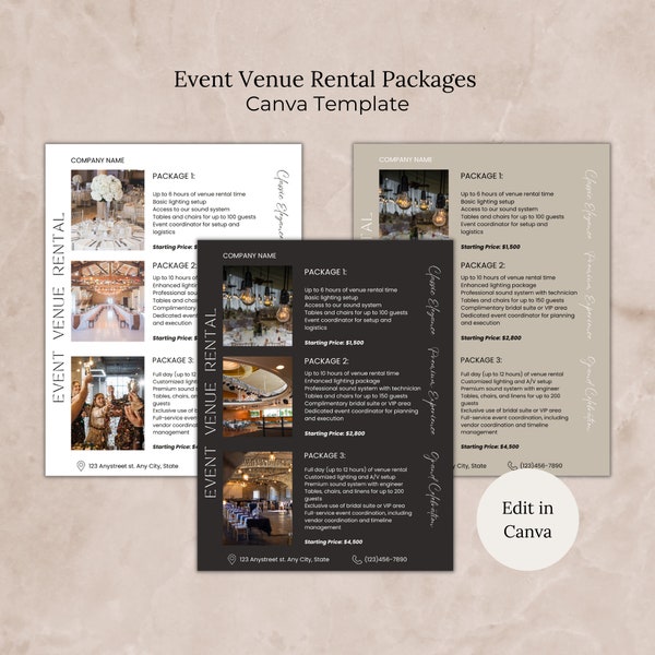 Event Venue Rental Packages Pricing Canva Template, Editable Wedding Venue Rental Pricelist, Elegant Party Venue Price Guide, Rental Pricing