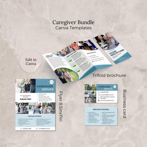Pacote de modelos de folhetos de serviços de cuidador Canva, folheto de cuidados para idosos, cartão de visita editável para cuidados domiciliares, folheto de cuidados para idosos, cartão de cuidador