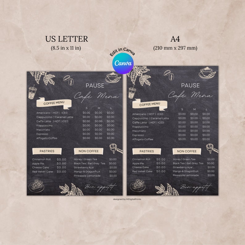 Coffee Shop Menu Canva Template, Cafe Menu Chalkboard Editable Template