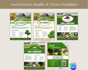 May include: Five green and white flyers for lawn care services. Each flyer features a lawnmower, a green background, and the text "Lawn Ranger" and "Lawn & Landscaping". The flyers include information about the services offered, such as mowing, trimming, and aeration. One flyer also includes a QR code and the text "Edit in Canva".