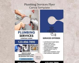 Plumbing Service Flyer Canva, Editable Plumbing Business Door Hanger Template, Plumbing  Company Flyer