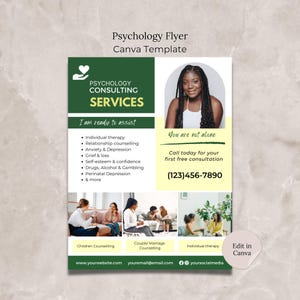 Ulotka psychologiczna Canva Szablon, Edytowalny szablon terapeuty doradczego, Ulotka psychologiczna, Ulotka zdrowia psychicznego, Usługa psychologiczna
