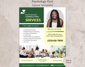 Psychology Flyer Canva Template, Editable Counseling Therapist Template, Psychology Therapy Flyer, Mental Health Flyer, Psychologist Service