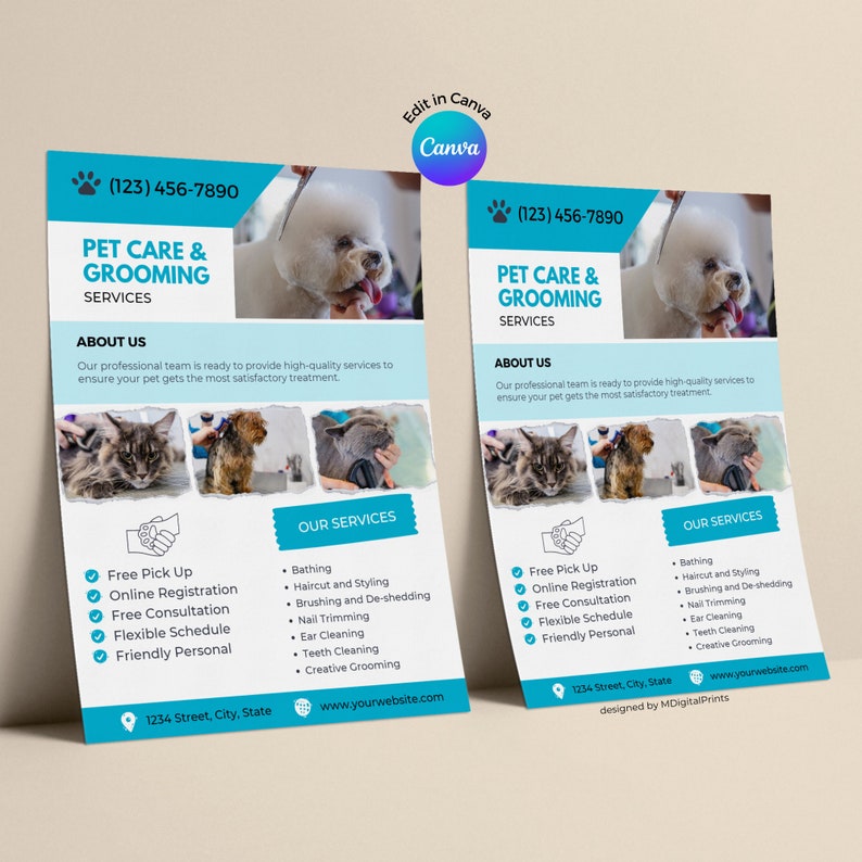 Pet Grooming Services Flyer Canva Template, Pet Care Business Editable