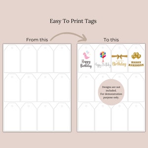 Peut inclure: Etiquettes cadeaux imprimables avec un fond blanc et un trou en haut. Les &eacute;tiquettes sont dispos&eacute;es en grille de 3 rang&eacute;es et 4 colonnes. L'image montre un exemple de la fa&ccedil;on dont les &eacute;tiquettes peuvent &ecirc;tre utilis&eacute;es avec diff&eacute;rents motifs, notamment un dinosaure, des ballons et une banni&egrave;re.
