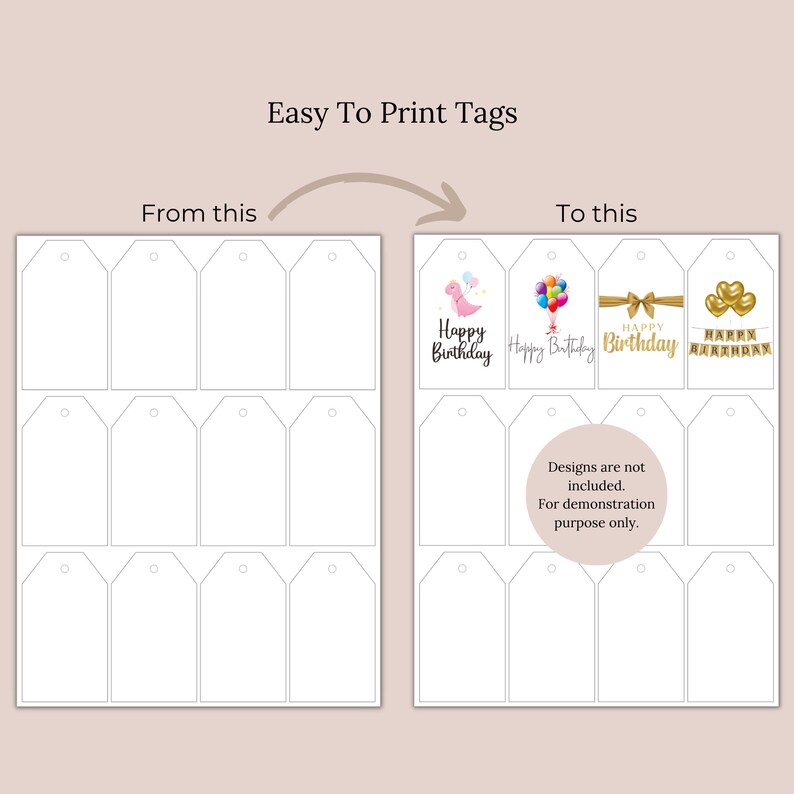 Peut inclure: Etiquettes cadeaux imprimables avec un fond blanc et un trou en haut. Les &eacute;tiquettes sont dispos&eacute;es en grille de 3 rang&eacute;es et 4 colonnes. L'image montre un exemple de la fa&ccedil;on dont les &eacute;tiquettes peuvent &ecirc;tre utilis&eacute;es avec diff&eacute;rents motifs, notamment un dinosaure, des ballons et une banni&egrave;re.