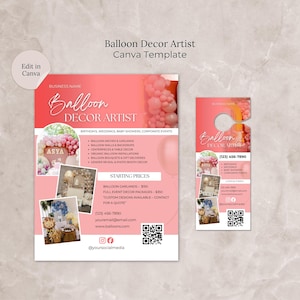 Könnte beinhalten: Ein rosa-weißes Flyer- und Türhänger-Template für einen Ballon-Dekorateur. Der Flyer enthält den Firmennamen "Balloon Decor Artist", Kontaktinformationen und eine Liste von Dienstleistungen wie Ballonbögen und Girlanden.