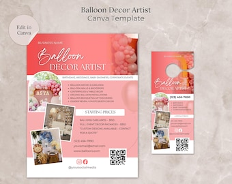 Balloon Decor Artist Flyer Editable in Canva, Balloon Business Door Hanger Template, Balloon Menu Price List